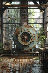 Art installation in an old factory, modern sculptures among rusty machinery, contrast between past and present