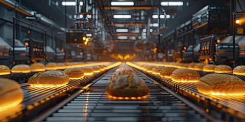 Automated bakery line producing bread at night, rows of dough glowing under infrared lamps.