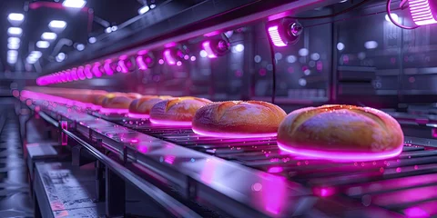 Gartenposter At the automated bakery, rows of dough illuminate the night under the warm glow of infrared lamps as bread is produced. © Kanisorn