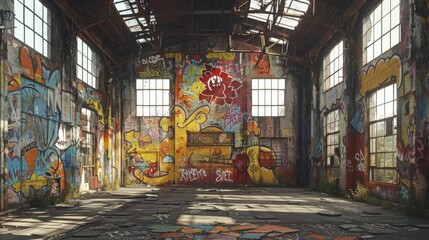 The abandoned factory's walls serve as a sprawling canvas for massive murals, fusing urban decay with lively street art.