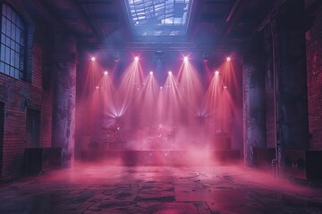 Festival setup in an industrial ruin, stages and lights transforming the space into a vibrant music venue. - obrazy, fototapety, plakaty