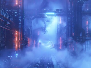 Ethereal blue lights dance in the fog, revealing a ghostly nano tech research facility with advanced unseen technology.