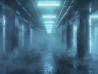 Amidst the mist, ethereal blue lights illuminate a mysterious nano tech research facility, revealing advanced unseen technology.