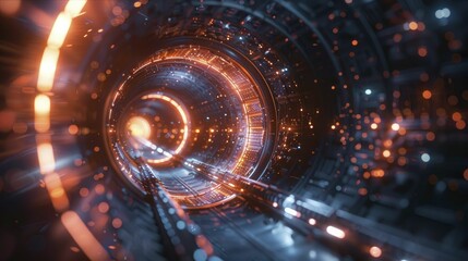 Cutting-edge technology powers the circular nano particle accelerator, where intersecting beams of light converge at its core. - obrazy, fototapety, plakaty