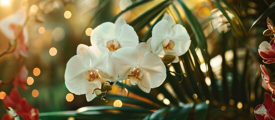 Tropical orchids displayed on a floral background.