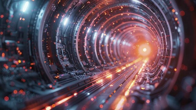 High tech nano particle accelerator, circular design with beams of light intersecting at the core.