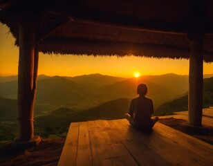Person sitting on a wooden floor under a thatched roof structure watching the sunset over a mountainous landscape