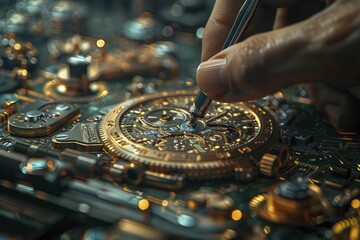 Inside an old watch factory, delicate hands assembling timepieces with a backdrop of vintage tools.
