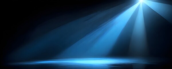 Blue spotlights shining down onto a reflective surface with a dark, misty background