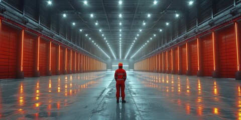 Lone worker inspecting a vast empty warehouse, scale emphasized by the tiny figure in a vast space.