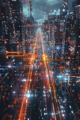 Fototapeta premium Long exposure of a busy factory at night, lights blurring into patterns that reveal the frenetic activity.