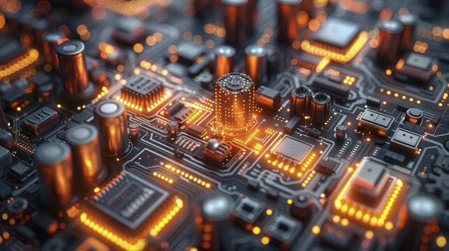 Observing the nano technology assembly line from above, micro components illuminate like city lights in a tiny nocturnal panorama.