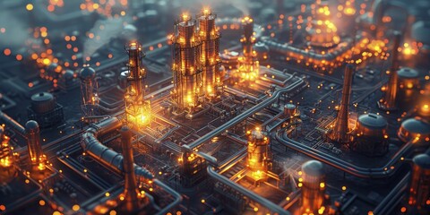 Capturing the industrial complex from above at night, the glowing zones reveal the vibrancy of its active sections. - obrazy, fototapety, plakaty