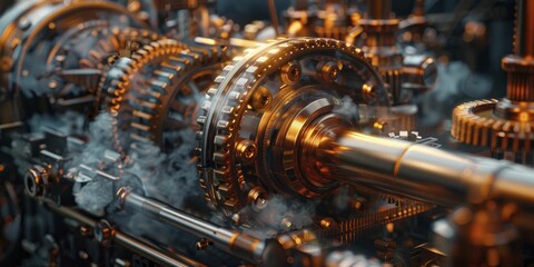 Witness the mesmerizing display of early industrial prowess as the steam-powered piston and gears come alive in action. - obrazy, fototapety, plakaty