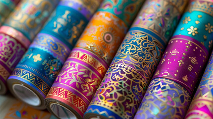 A roll of washi tape with intricate patterns and motifs.