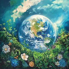 Obraz na płótnie Canvas Flourishing Globe Amidst Lush Vegetation, Symbol of Ecological Harmony and Sustainability