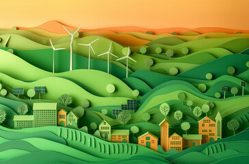 Green Energy Town, Layered Papercraft Hills with Wind Turbines, Eco-Smart City Concept