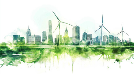 Green Urban Watercolor Scene, Wind Turbines Amongst City Buildings, Sustainable Development Art