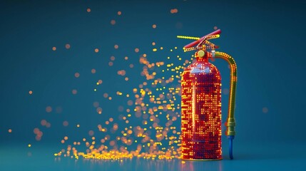 digital smart yellow  fire extinguisher with glowing binary code digits, the integration of ai into fire safety systems, predictive fire detection algorithms, emergency response coordination.
