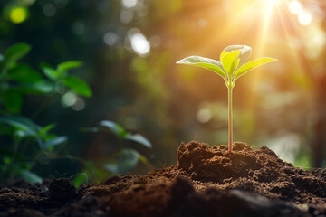 Sunshine and New Life, Sprouting Plant in Sunlit Earth, Symbol of Renewal and Hope
