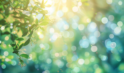 Fototapeta premium Springtime Glow, Radiant Bokeh on Young Green Leaves, Vibrant Nature Background