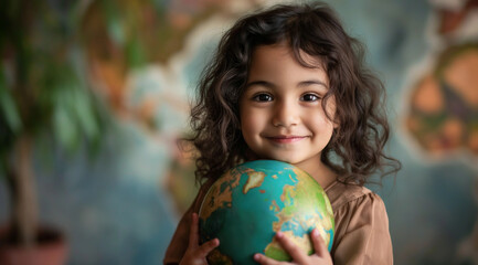 Enchanting Young Girl with Globe, Inspiring Earth Stewardship Concept