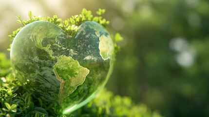 Heart-shaped Earth Model Cradled in Lush Greenery with Warm Backlight and Copy Space