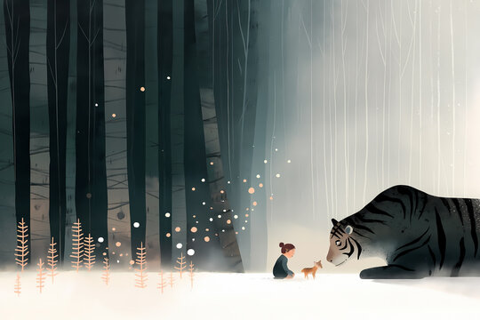 Child and deer encounter a majestic tiger in a misty forest at twilight