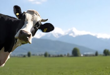 Close-up of a black and white cow's head in focus with a background of a green field and distant mountains