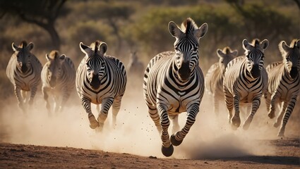 A herd of zebra run in savanna Africa. Ai Generative - obrazy, fototapety, plakaty