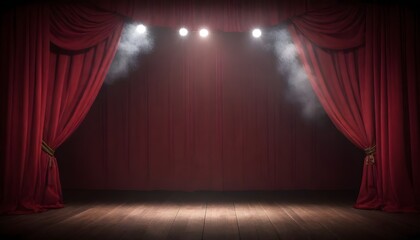 Red stage curtains with a spotlight on a wooden stage floor and theatrical smoke above - obrazy, fototapety, plakaty