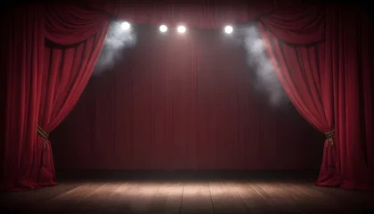 Fotobehang Red stage curtains with a spotlight on a wooden stage floor and theatrical smoke above © nizar