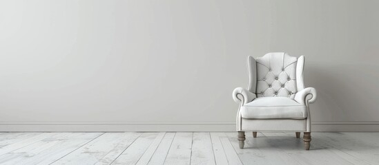 One traditional armchair positioned in front of a white wall and floor. Space available for writing.