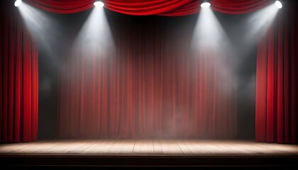 Red stage curtains with a spotlight on a wooden stage floor and theatrical smoke above