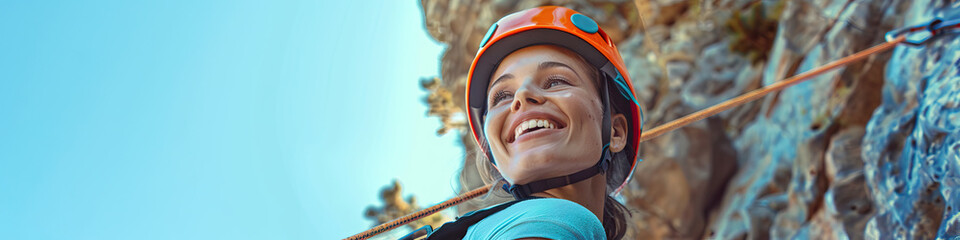 A person with a limb difference smiling while rock climbing with adaptive equipment - obrazy, fototapety, plakaty