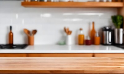 Wooden countertop with a blurred kitchen background featuring a white tile backsplash and glassware on the shelf