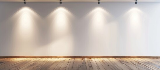 An empty white wall illuminated by three spotlights and featuring a wooden floor.