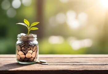 A glass jar filled with coins and a small plant growing from it, placed on a wooden surface with a blurred natural background and sunlight - obrazy, fototapety, plakaty