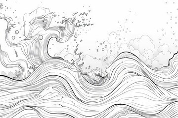 abstract ocean wave outline sketch with splashing water effect continuous line drawing - obrazy, fototapety, plakaty