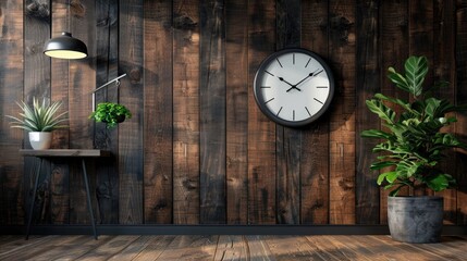 Fototapeta premium Clock with monochromatic design hanging on a wooden wall with available space for duplication