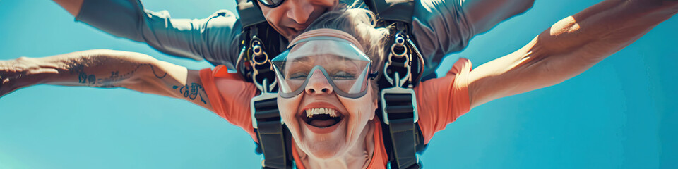 A person with a mobility impairment smiling while skydiving with the assistance of an experienced instructor