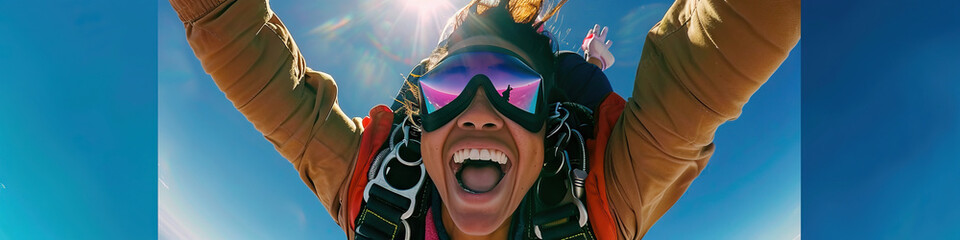 A person with a mobility impairment smiling while skydiving with the assistance of an experienced instructor - obrazy, fototapety, plakaty