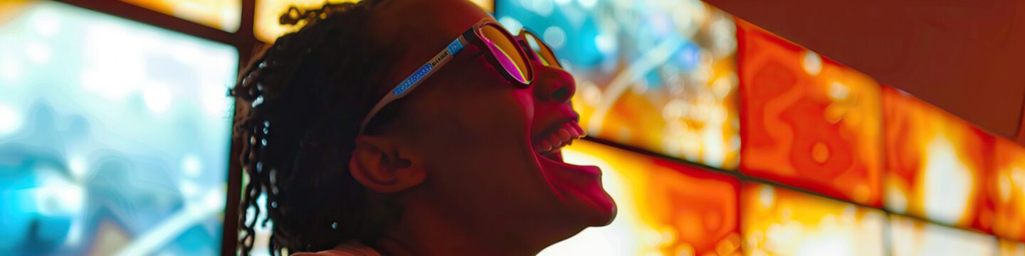 A person with a visual impairment laughing while experiencing a tactile art exhibit with descriptive audio