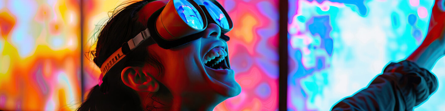 A person with a visual impairment laughing while experiencing a tactile art exhibit with descriptive audio