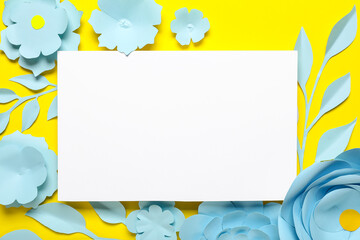 Blank card with blue origami flowers and leaves on yellow background