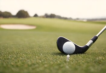 Golf ball and club on the grass with a golf course in the background during the daytime