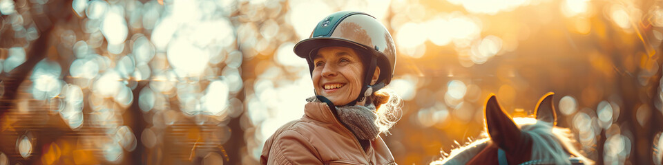 A person with autism smiling while engaging in a therapeutic horseback riding session