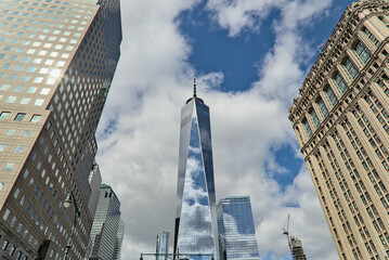 downtown manhattan skyline view (wide angle photo with one world trade center skyscraper in the...