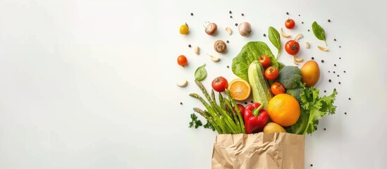Vegetarian food displayed in a paper bag with vegetables and fruits against a white backdrop.