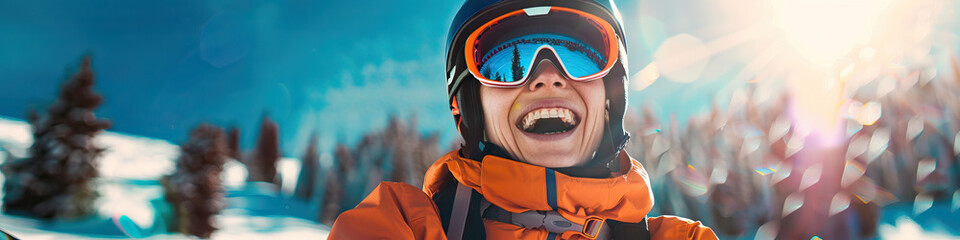 Fototapeta premium A person with a spinal cord injury laughing while participating in an adaptive skiing program